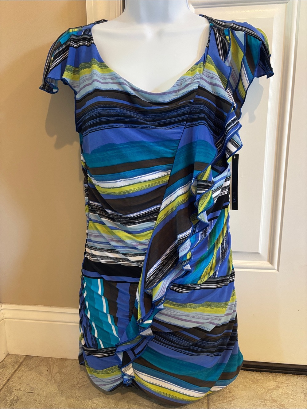 Sioni Blue Teal Multi-Stripe Ruffle Mini Dress